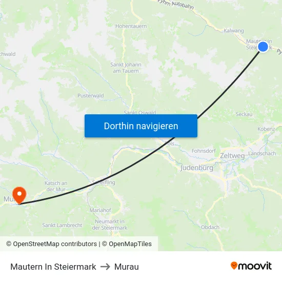 Mautern In Steiermark to Murau map