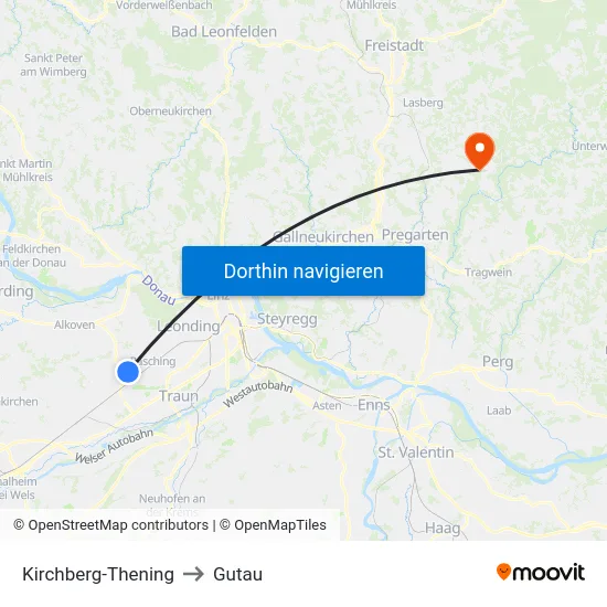 Kirchberg-Thening to Gutau map