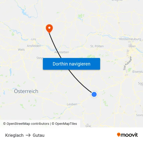 Krieglach to Gutau map