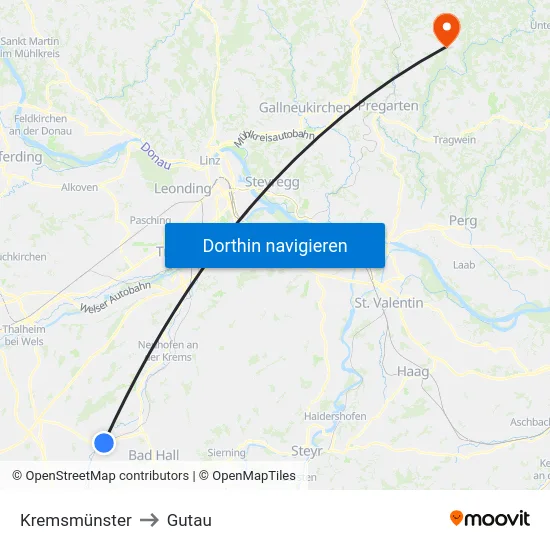 Kremsmünster to Gutau map