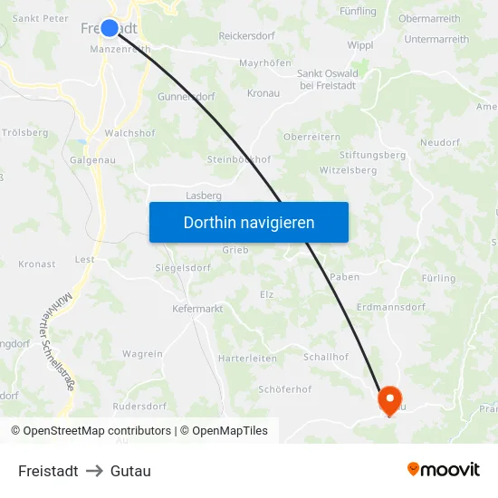 Freistadt to Gutau map