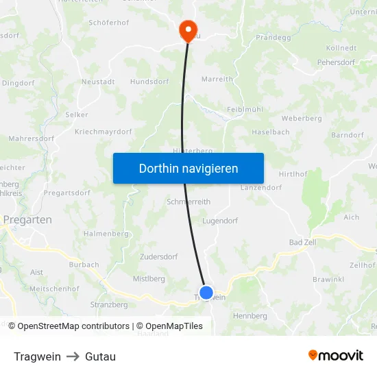 Tragwein to Gutau map