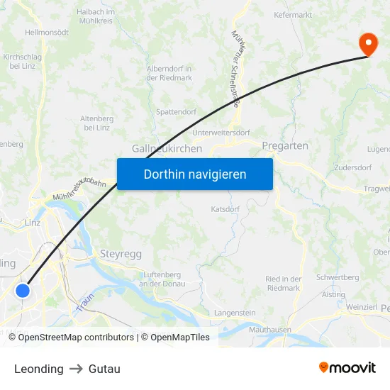 Leonding to Gutau map