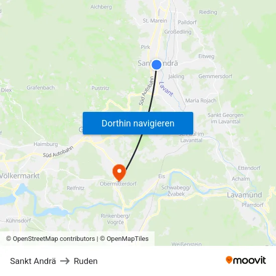 Sankt Andrä to Ruden map