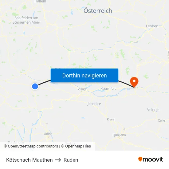 Kötschach-Mauthen to Ruden map