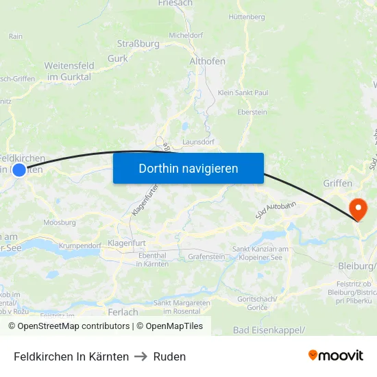 Feldkirchen In Kärnten to Ruden map