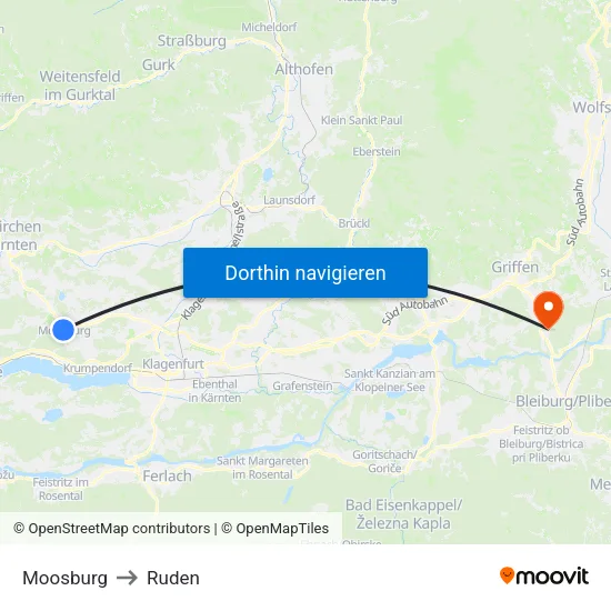 Moosburg to Ruden map