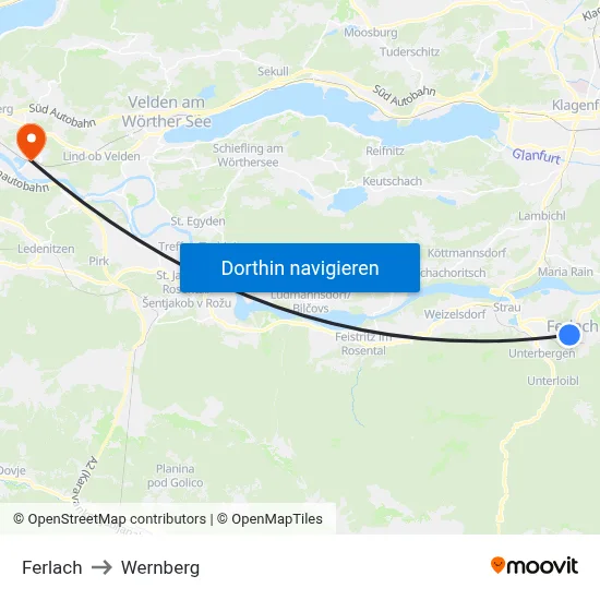 Ferlach to Wernberg map
