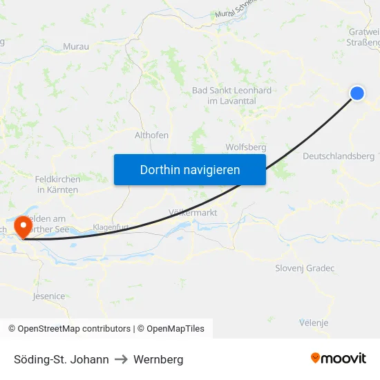 Söding-St. Johann to Wernberg map