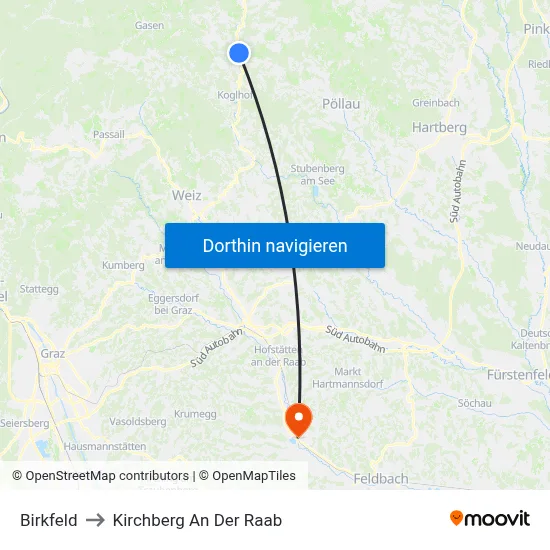 Birkfeld to Kirchberg An Der Raab map