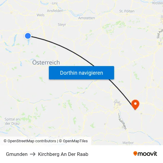 Gmunden to Kirchberg An Der Raab map