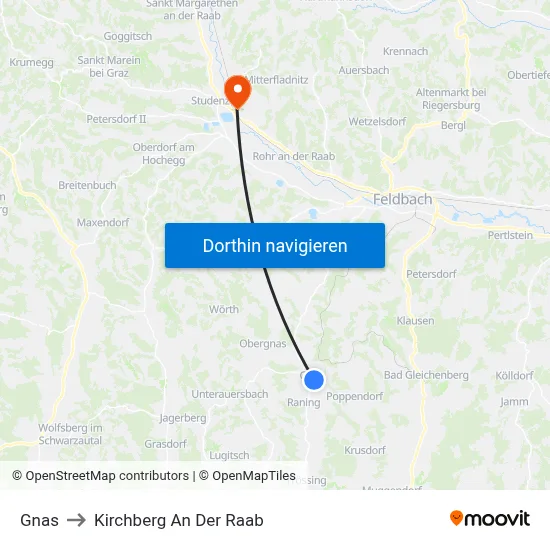Gnas to Kirchberg An Der Raab map