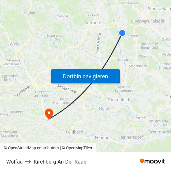 Wolfau to Kirchberg An Der Raab map