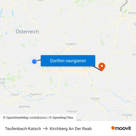 Teufenbach-Katsch to Kirchberg An Der Raab map