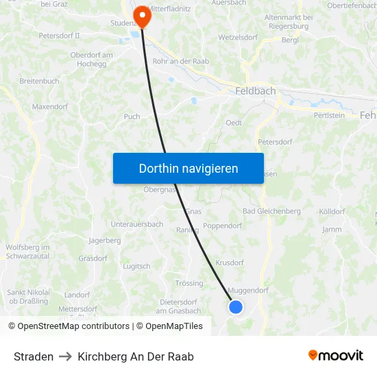 Straden to Kirchberg An Der Raab map