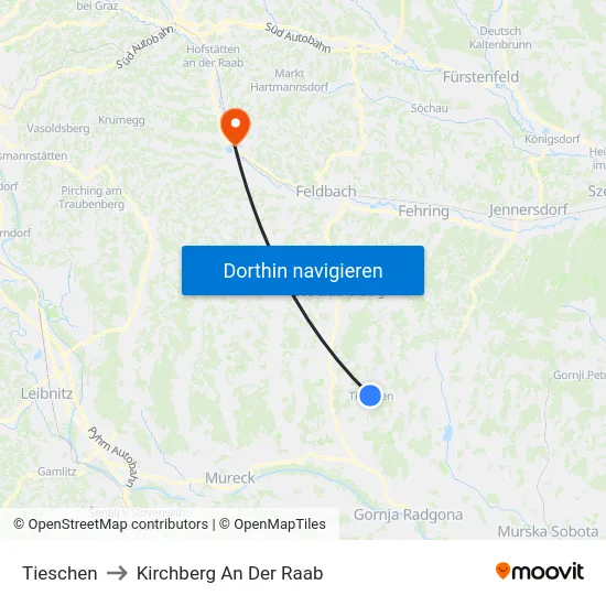 Tieschen to Kirchberg An Der Raab map
