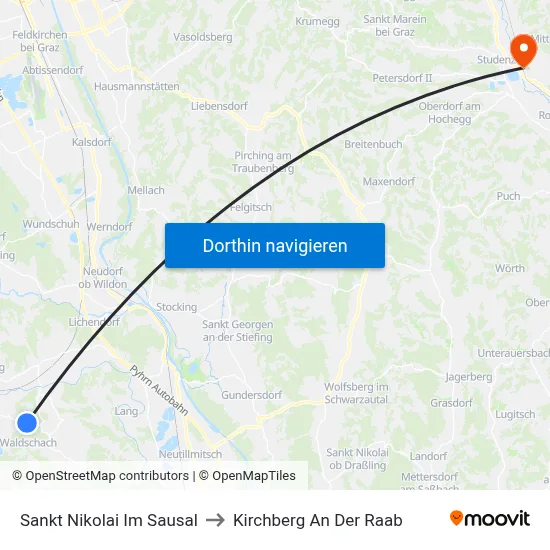Sankt Nikolai Im Sausal to Kirchberg An Der Raab map