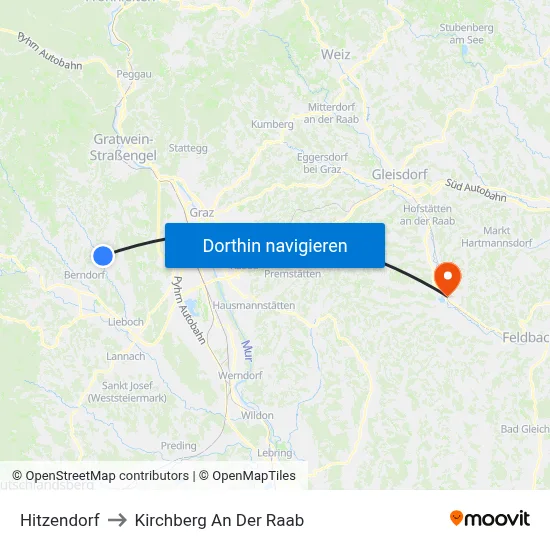 Hitzendorf to Kirchberg An Der Raab map