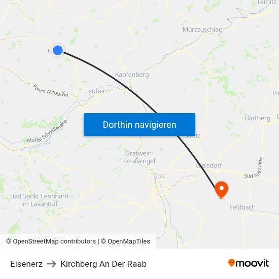 Eisenerz to Kirchberg An Der Raab map