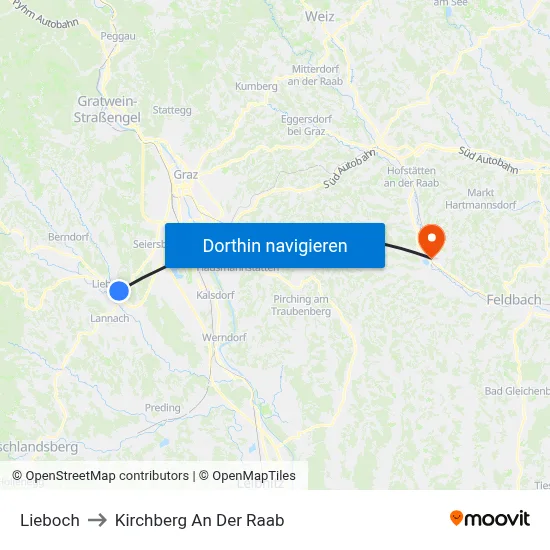 Lieboch to Kirchberg An Der Raab map