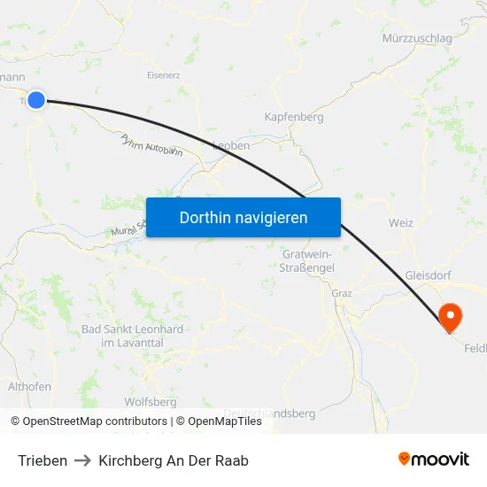 Trieben to Kirchberg An Der Raab map