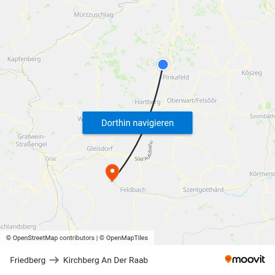 Friedberg to Kirchberg An Der Raab map