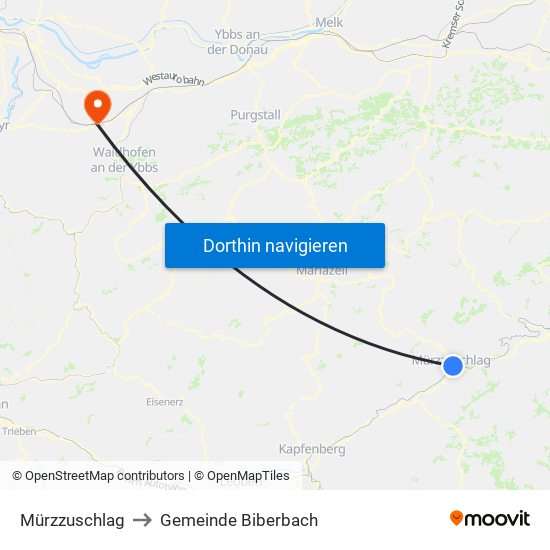 Mürzzuschlag to Gemeinde Biberbach map