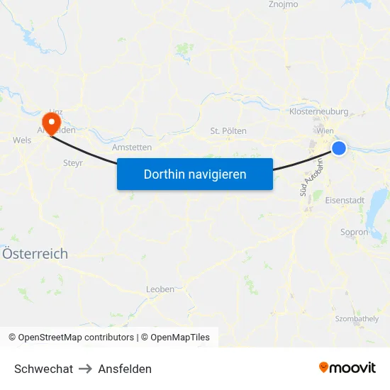 Schwechat to Ansfelden map