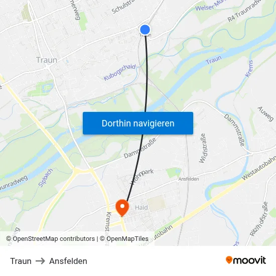 Traun to Ansfelden map