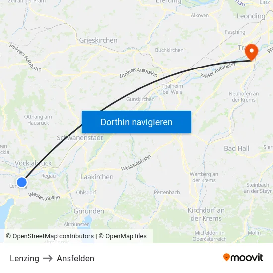 Lenzing to Ansfelden map