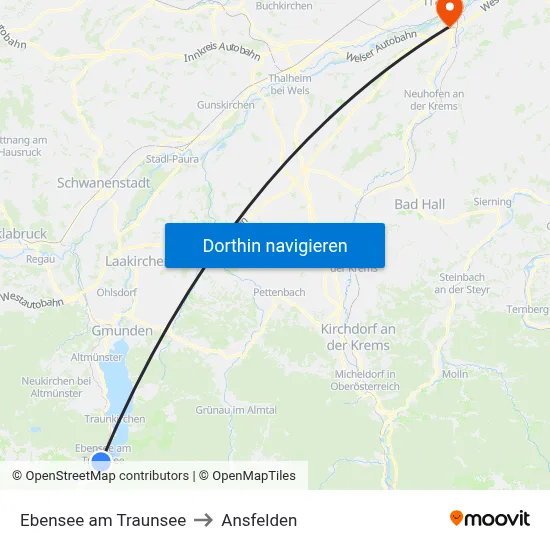 Ebensee am Traunsee to Ansfelden map