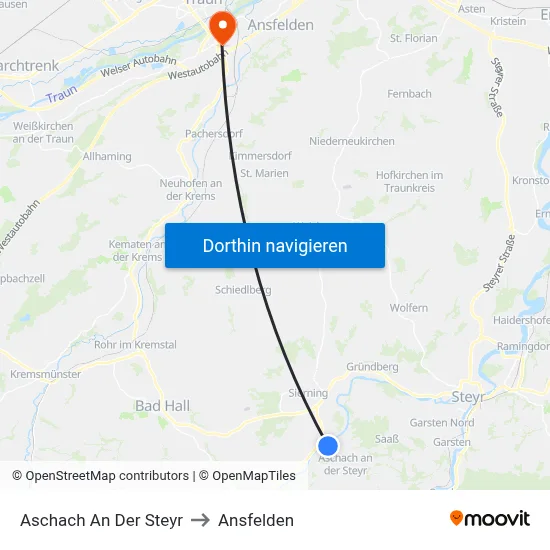Aschach An Der Steyr to Ansfelden map