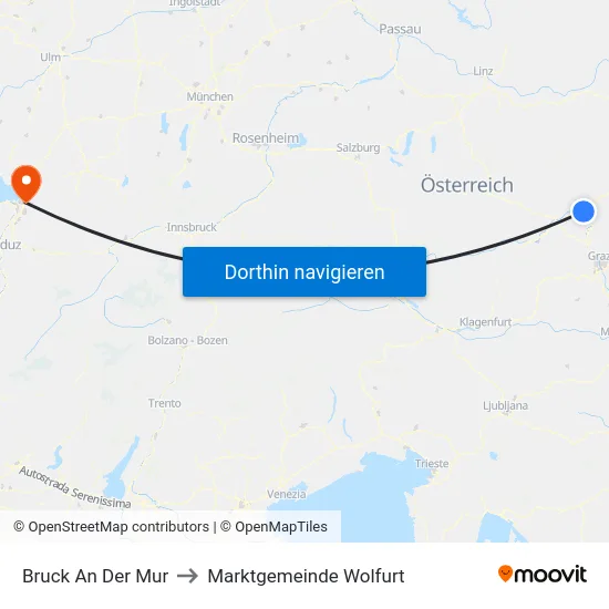 Bruck An Der Mur to Marktgemeinde Wolfurt map