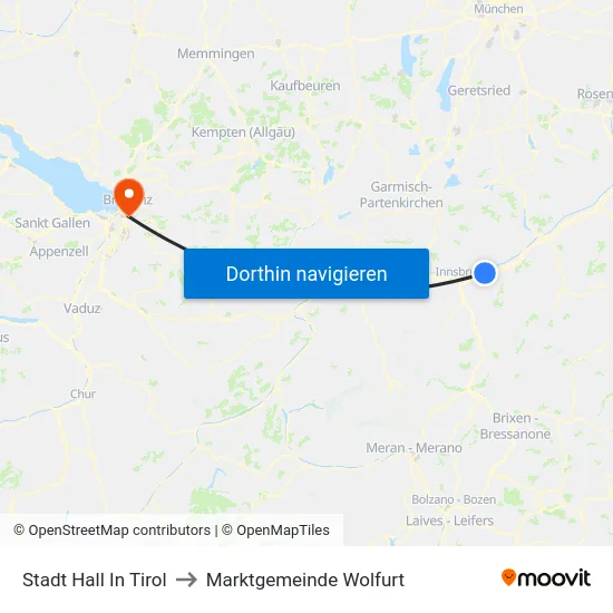 Stadt Hall In Tirol to Marktgemeinde Wolfurt map