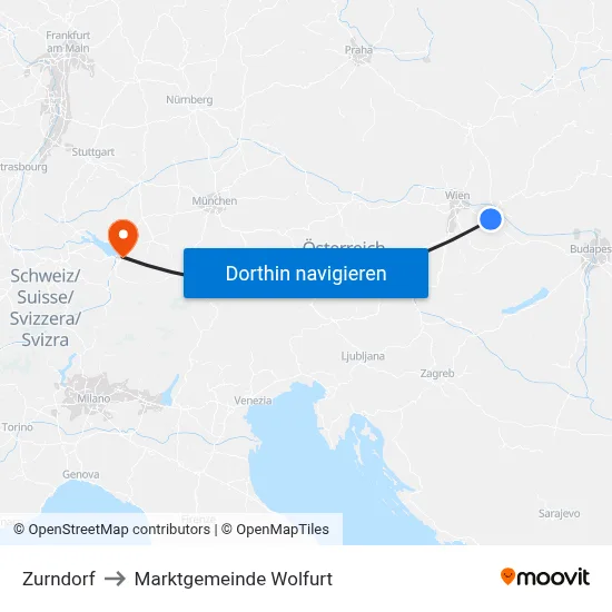 Zurndorf to Marktgemeinde Wolfurt map