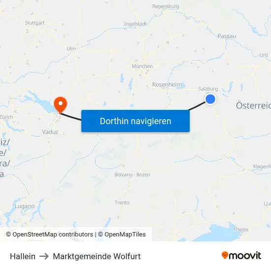 Hallein to Marktgemeinde Wolfurt map