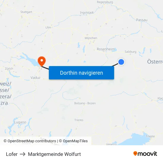 Lofer to Marktgemeinde Wolfurt map