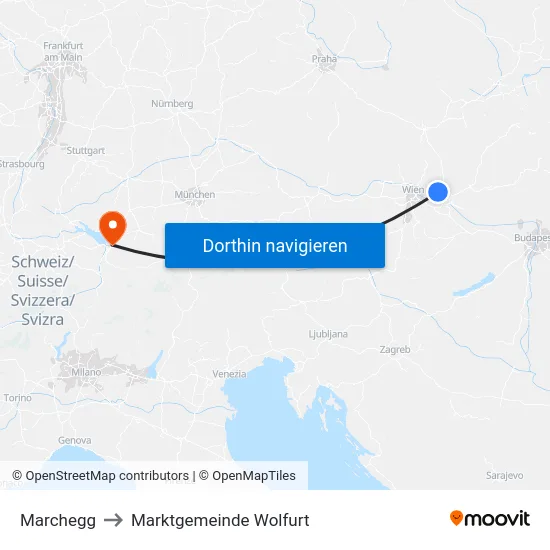 Marchegg to Marktgemeinde Wolfurt map