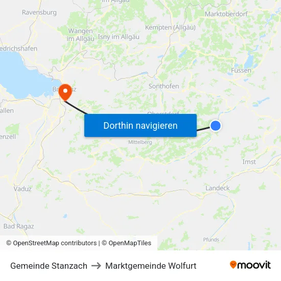 Gemeinde Stanzach to Marktgemeinde Wolfurt map