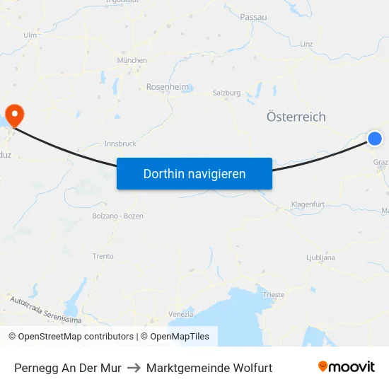 Pernegg An Der Mur to Marktgemeinde Wolfurt map