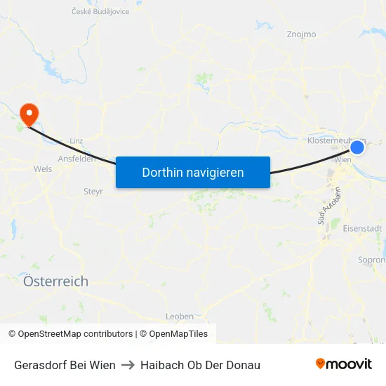 Gerasdorf Bei Wien to Haibach Ob Der Donau map