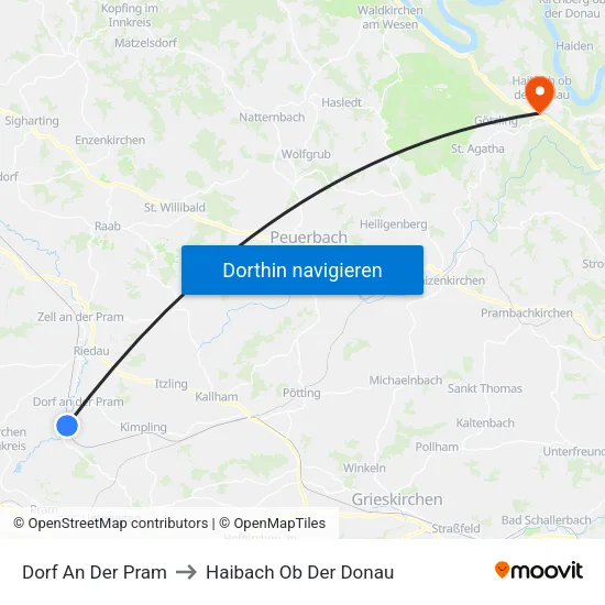 Dorf An Der Pram to Haibach Ob Der Donau map