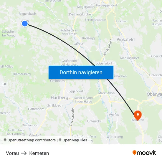 Vorau to Kemeten map
