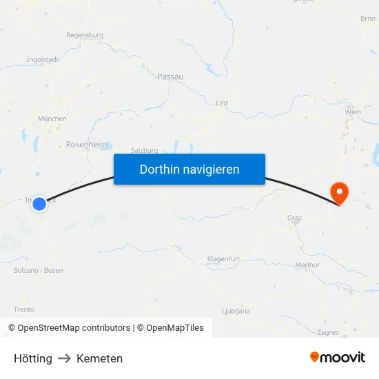 Hötting to Kemeten map