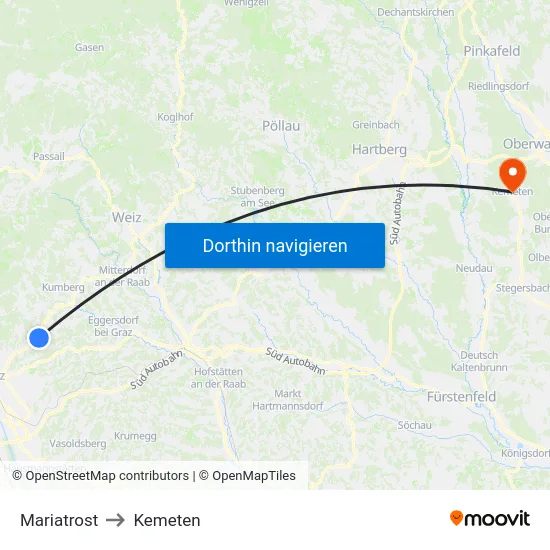 Mariatrost to Kemeten map