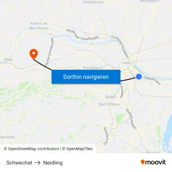 Schwechat to Neidling map