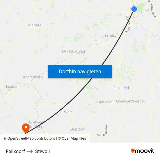 Felixdorf to Stiwoll map