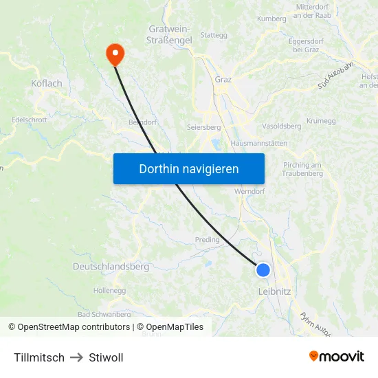 Tillmitsch to Stiwoll map