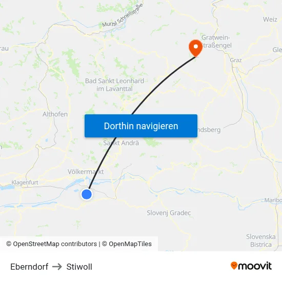 Eberndorf to Stiwoll map