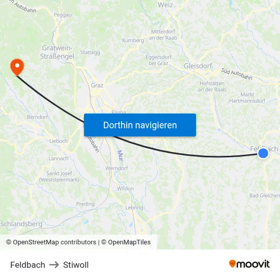 Feldbach to Stiwoll map